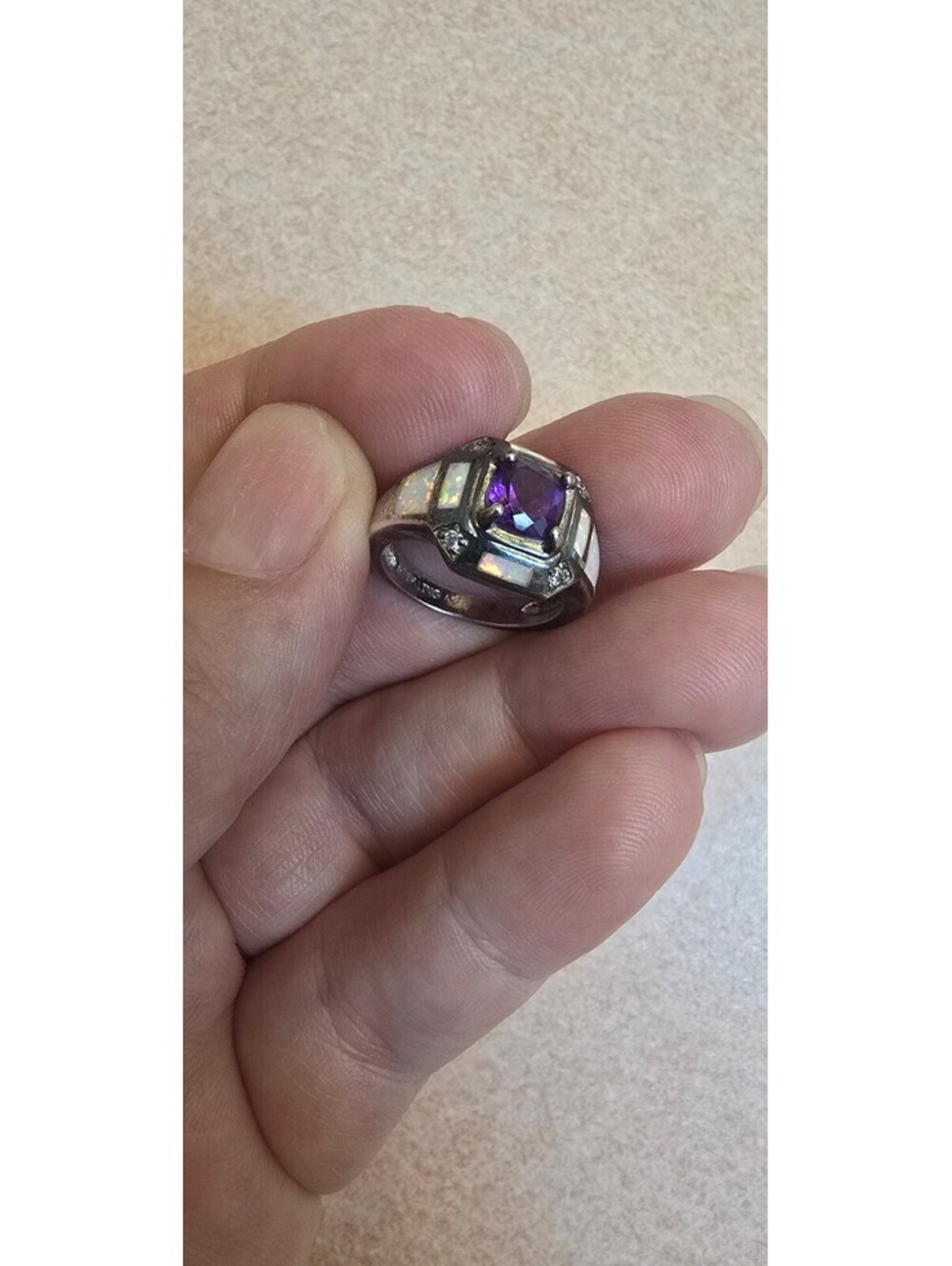 Sterling Silver Purple Stone Opal Inlay Statement Ring Size 5